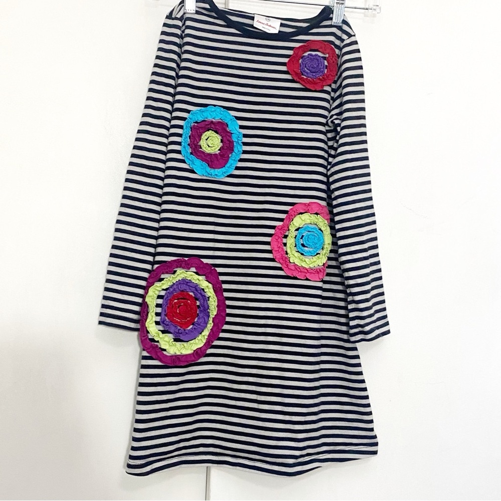 Hanna Andersson Striped Kids Dress with Colorful Circular Appliques 8 (130)